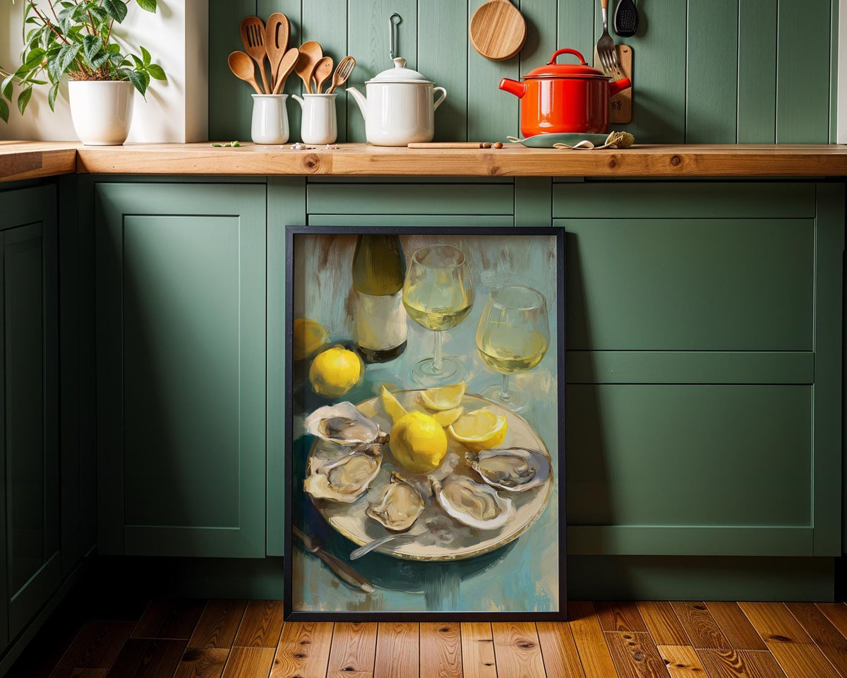 Oysters and White Wine Still Life • Coastal Kitchen Art Print • Lemon & Seafood Wall Décor • Mediterranean Dining Room Art...