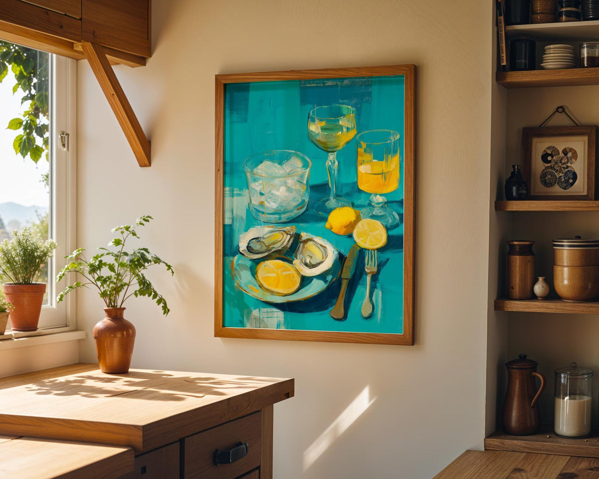 Oysters and White Wine Still Life • Coastal Kitchen Art Print • Lemon & Seafood Wall Décor • Mediterranean Dining Room Art...