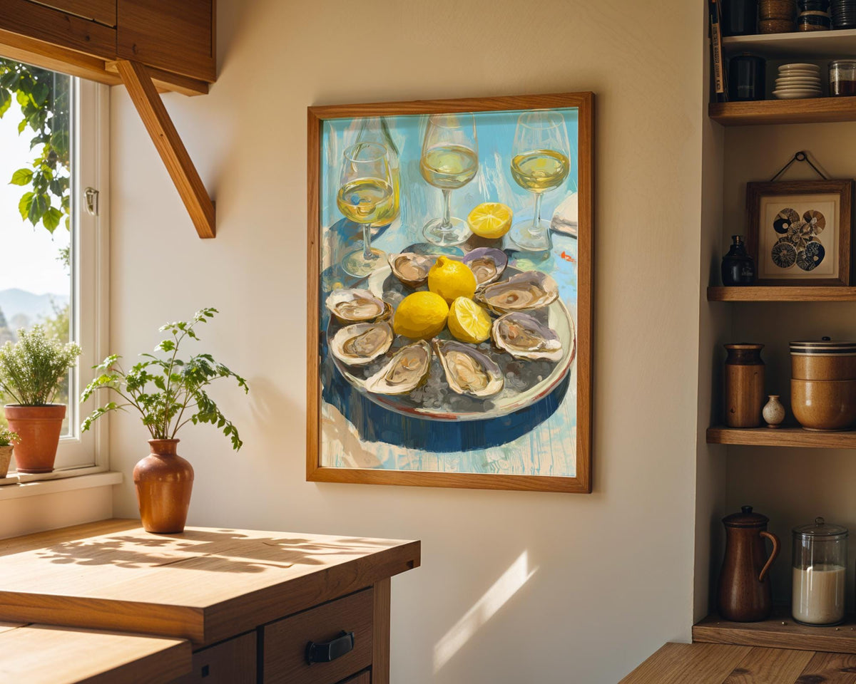 Oysters and White Wine Still Life • Coastal Kitchen Art Print • Lemon & Seafood Wall Décor • Mediterranean Dining Room Art...
