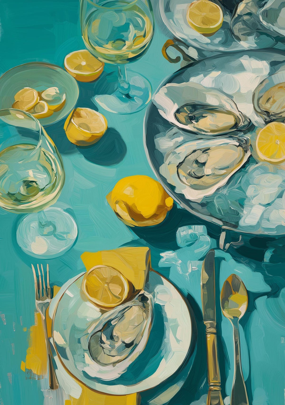 Oysters and White Wine Still Life • Coastal Kitchen Art Print • Lemon & Seafood Wall Décor • Mediterranean Dining Room Art...