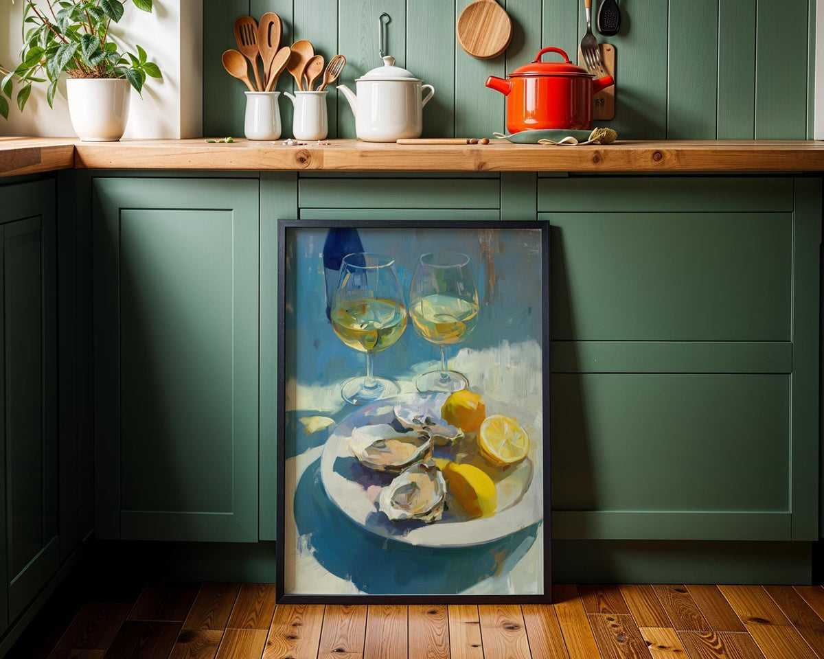 Oysters and White Wine Still Life • Coastal Kitchen Art Print • Lemon & Seafood Wall Décor • Mediterranean Dining Room Art...