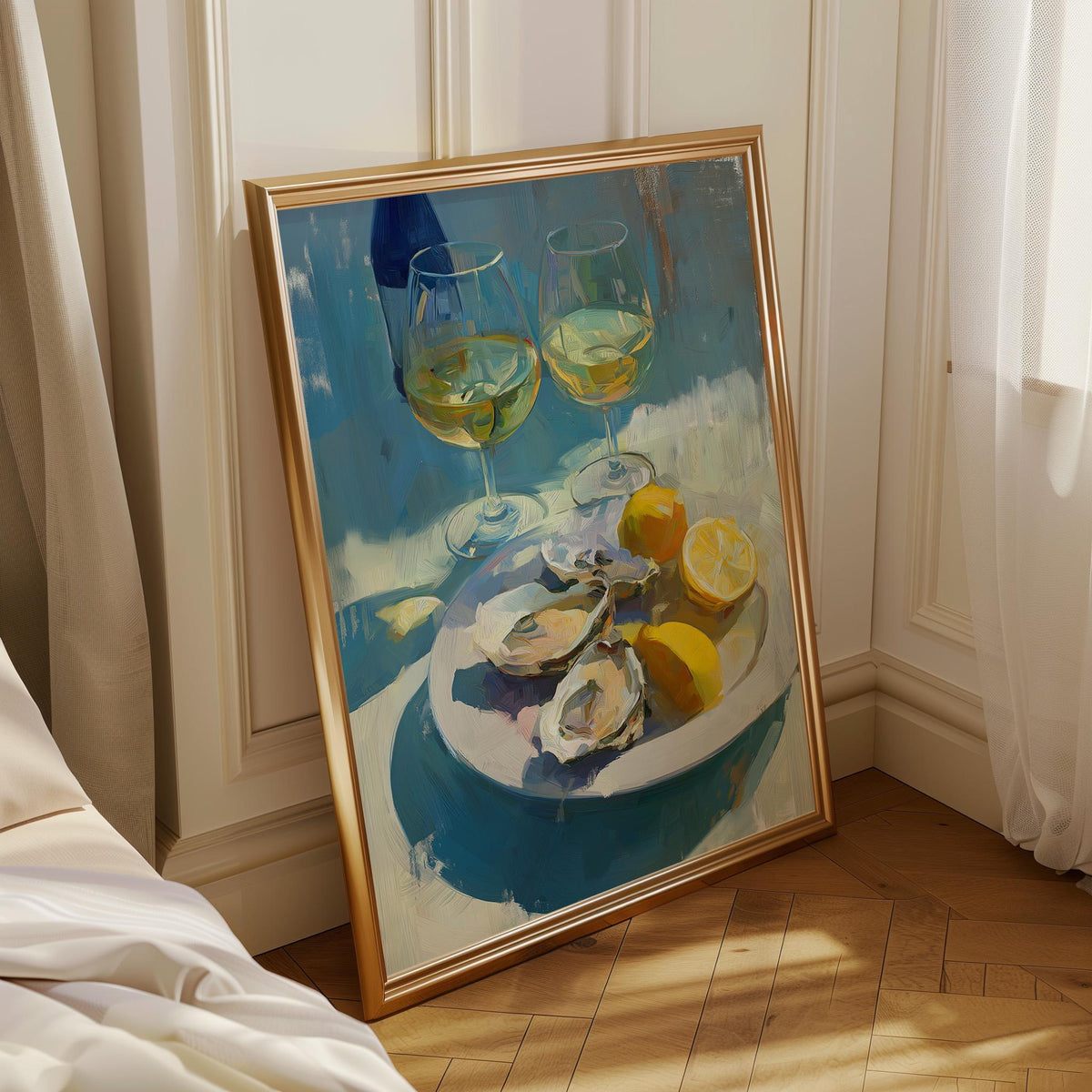 Oysters and White Wine Still Life • Coastal Kitchen Art Print • Lemon & Seafood Wall Décor • Mediterranean Dining Room Art...