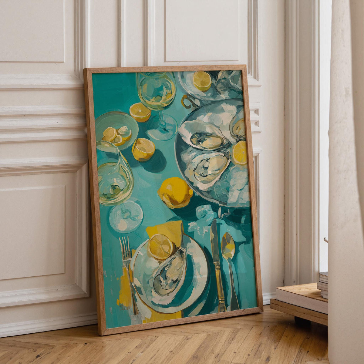 Oysters and White Wine Still Life • Coastal Kitchen Art Print • Lemon & Seafood Wall Décor • Mediterranean Dining Room Art...