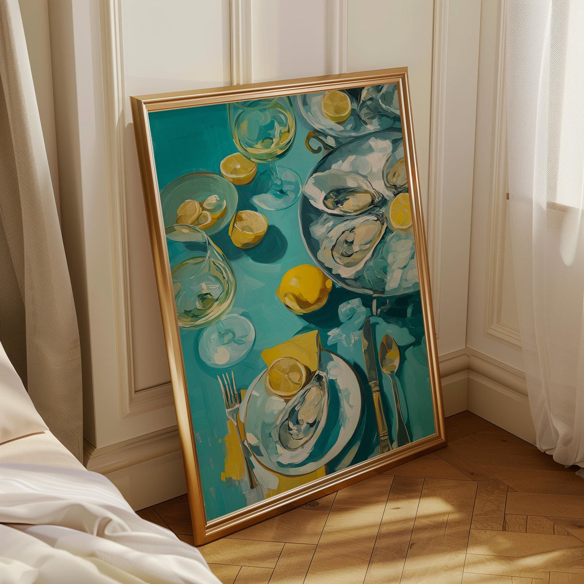 Oysters and White Wine Still Life • Coastal Kitchen Art Print • Lemon & Seafood Wall Décor • Mediterranean Dining Room Art...
