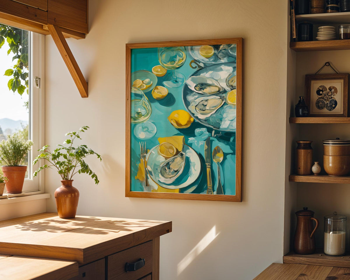 Oysters and White Wine Still Life • Coastal Kitchen Art Print • Lemon & Seafood Wall Décor • Mediterranean Dining Room Art...