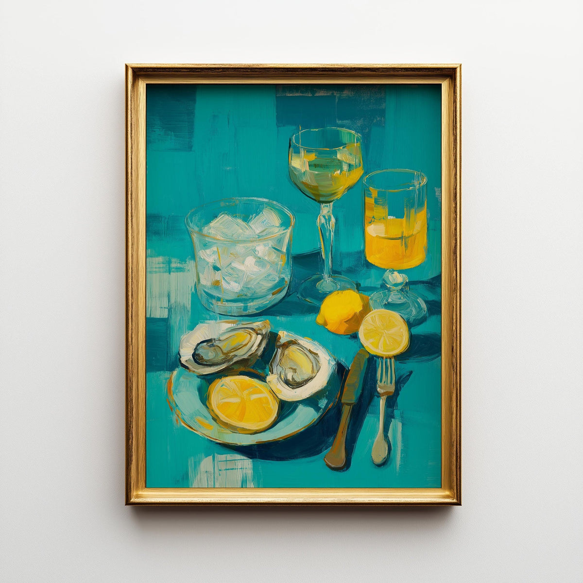 Oysters and White Wine Still Life • Coastal Kitchen Art Print • Lemon & Seafood Wall Décor • Mediterranean Dining Room Art...