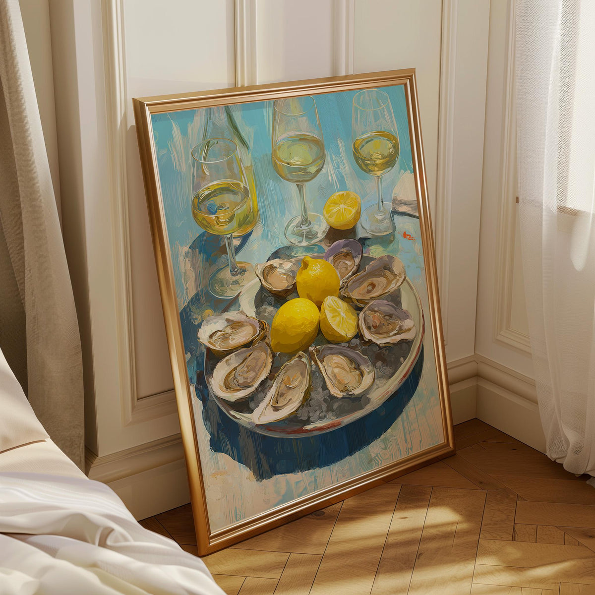 Oysters and White Wine Still Life • Coastal Kitchen Art Print • Lemon & Seafood Wall Décor • Mediterranean Dining Room Art...