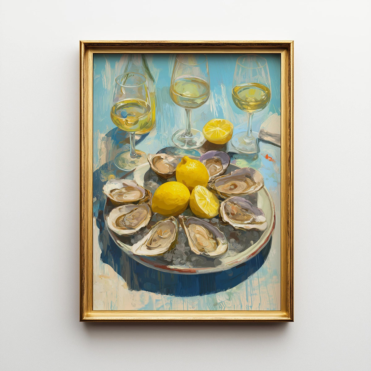 Oysters and White Wine Still Life • Coastal Kitchen Art Print • Lemon & Seafood Wall Décor • Mediterranean Dining Room Art...