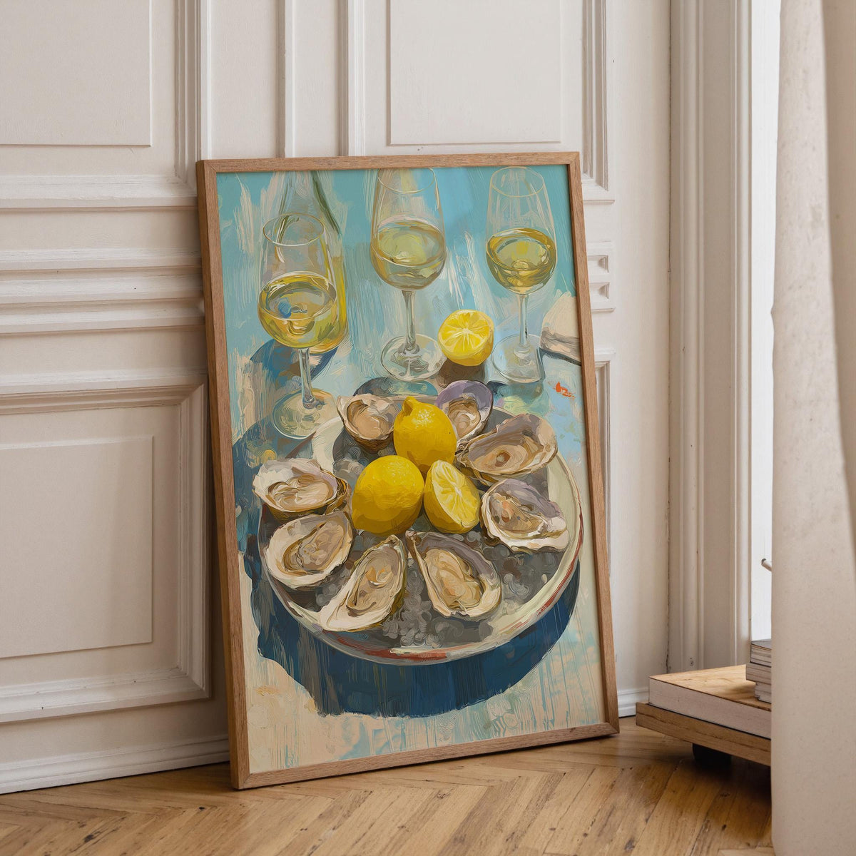 Oysters and White Wine Still Life • Coastal Kitchen Art Print • Lemon & Seafood Wall Décor • Mediterranean Dining Room Art...