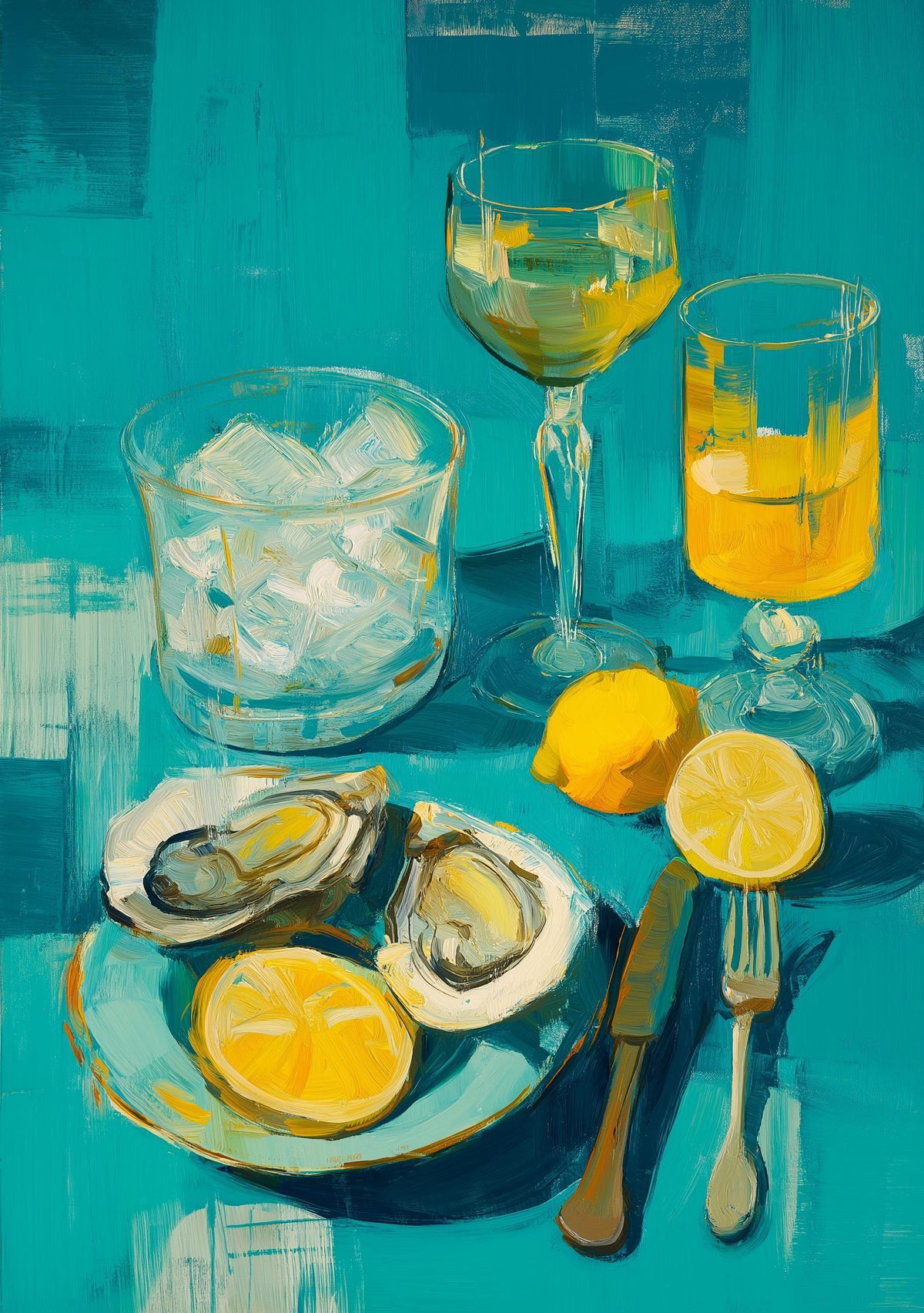 Oysters and White Wine Still Life • Coastal Kitchen Art Print • Lemon & Seafood Wall Décor • Mediterranean Dining Room Art...