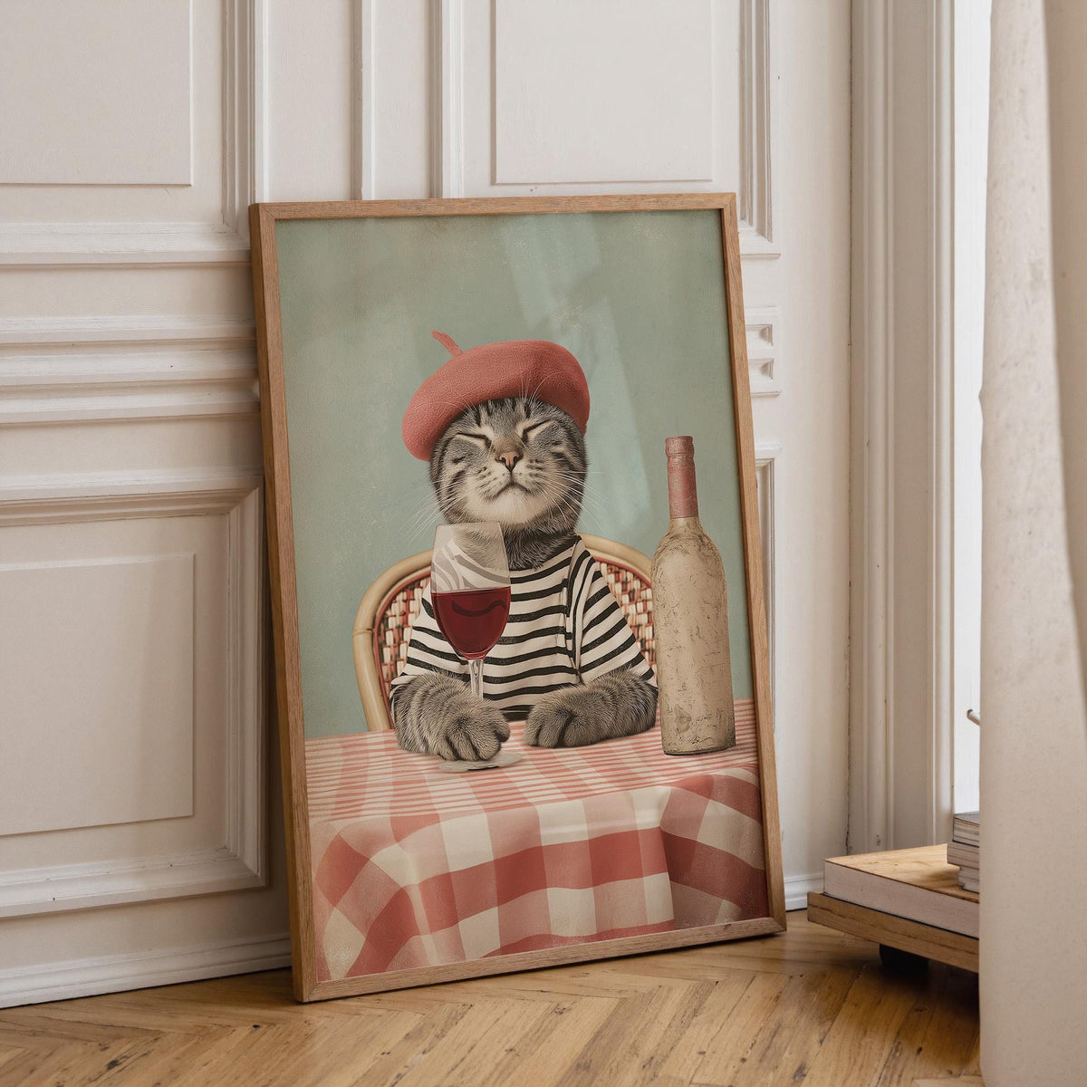 Parisian Cat Art Print | French Café Cat with Wine Poster | Whimsical Animal Wall Art | Vintage French Style Décor | Chic...