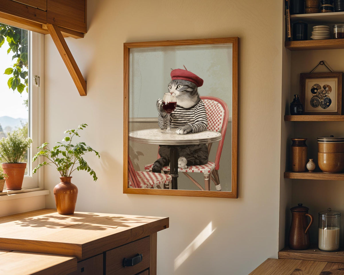 Parisian Cat Art Print | French Café Cat with Wine Poster | Whimsical Animal Wall Art | Vintage French Style Décor | Chic...