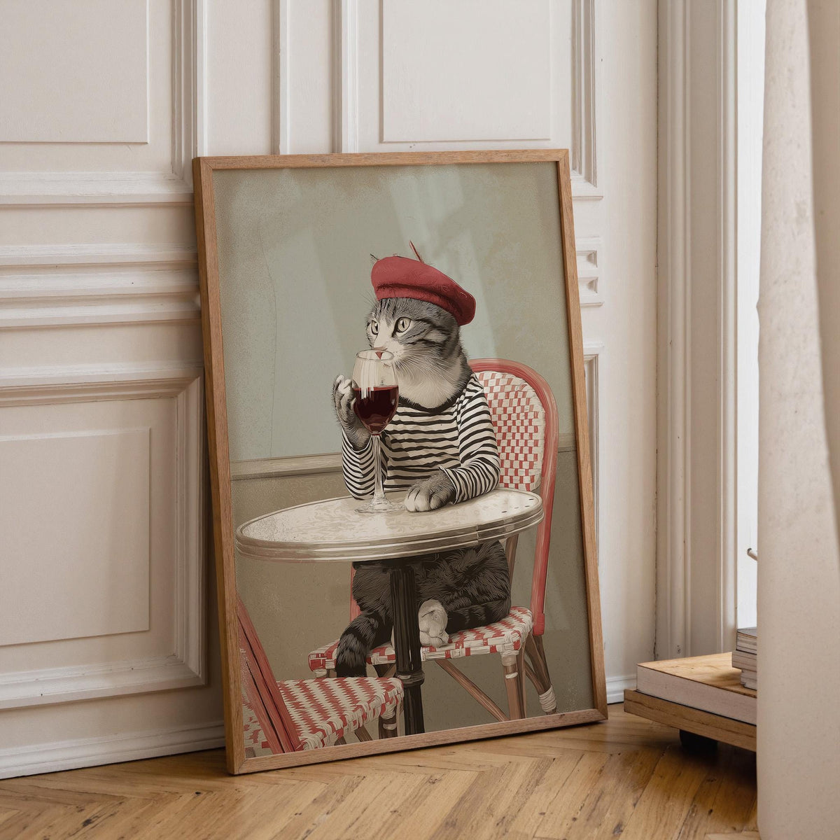 Parisian Cat Art Print | French Café Cat with Wine Poster | Whimsical Animal Wall Art | Vintage French Style Décor | Chic...