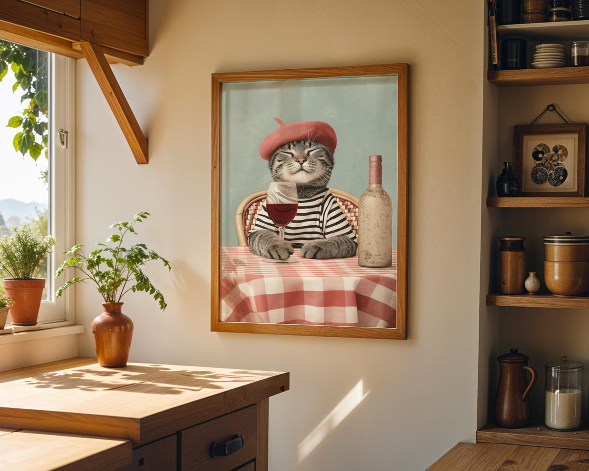 Parisian Cat Art Print | French Café Cat with Wine Poster | Whimsical Animal Wall Art | Vintage French Style Décor | Chic...