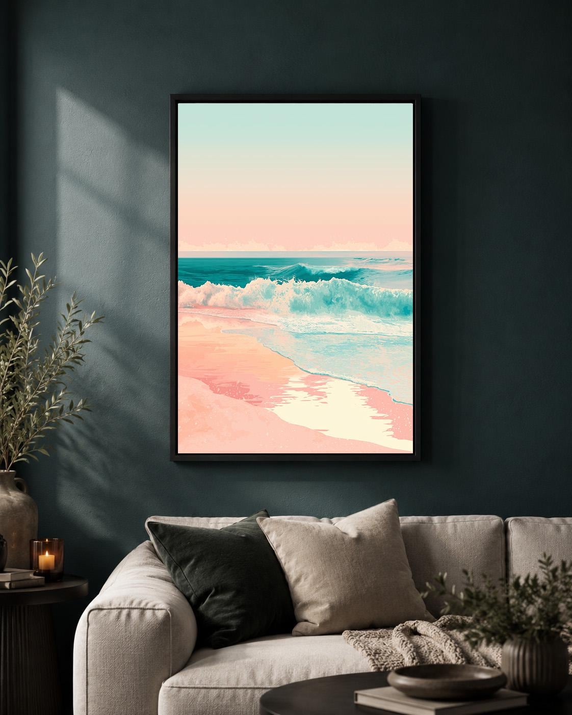 Pastel Beach Framed Canvas Art, Pink Coastal Ocean Waves Print, Tropical Seascape Wall Decor by The Wall Art Studio - phys...