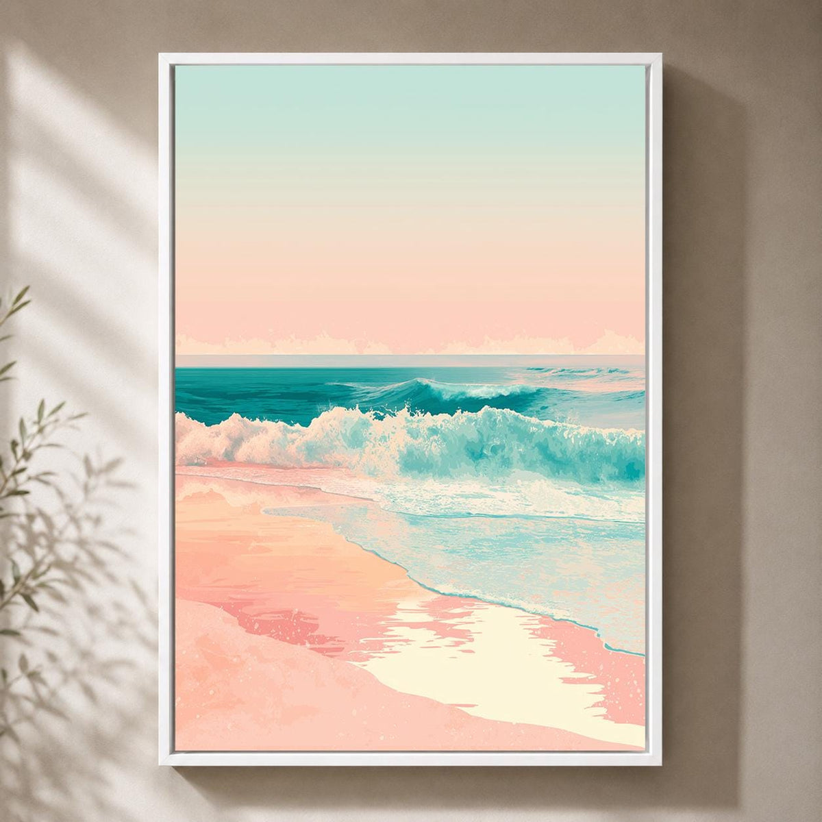 Pastel Beach Framed Canvas Art, Pink Coastal Ocean Waves Print, Tropical Seascape Wall Decor by The Wall Art Studio - phys...