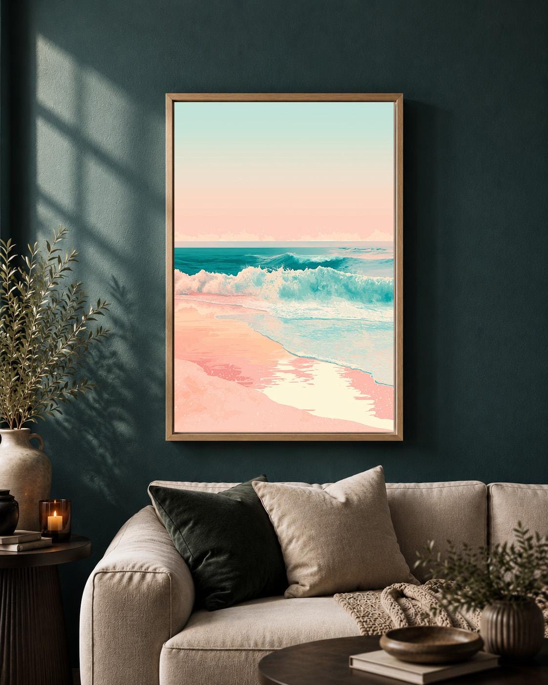 Pastel Beach Framed Canvas Art, Pink Coastal Ocean Waves Print, Tropical Seascape Wall Decor by The Wall Art Studio - phys...