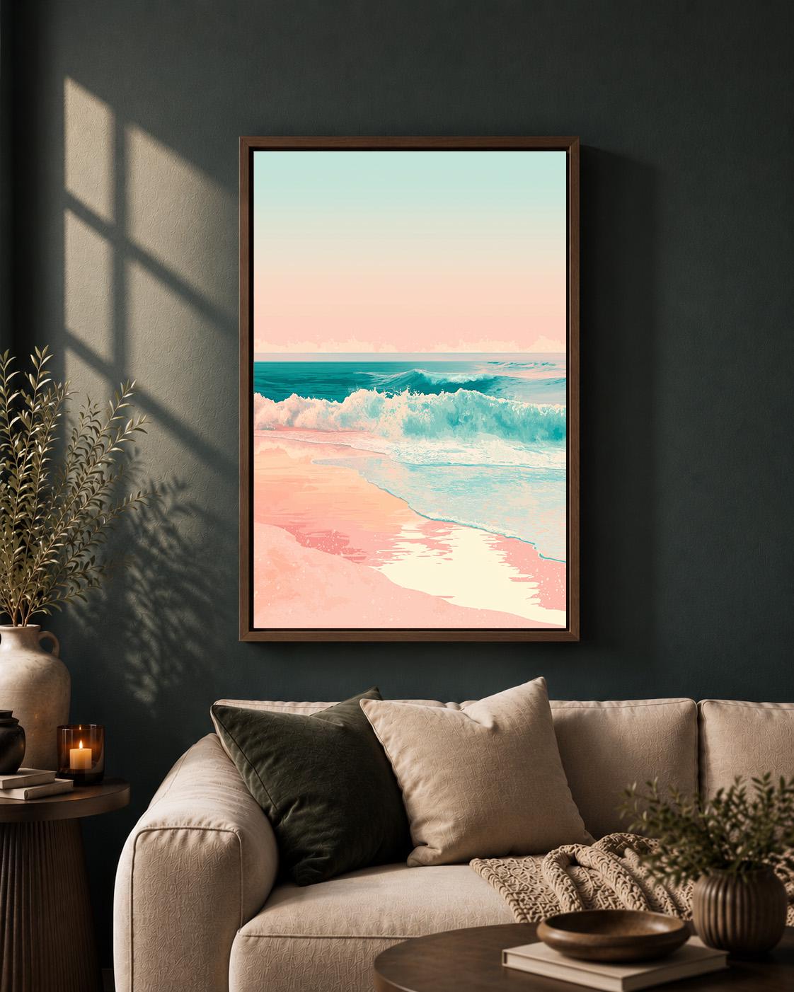Pastel Beach Framed Canvas Art, Pink Coastal Ocean Waves Print, Tropical Seascape Wall Decor by The Wall Art Studio - phys...