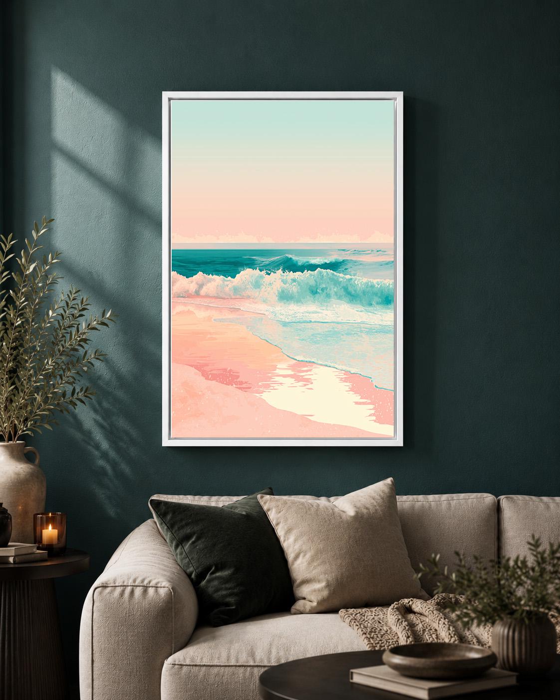 Pastel Beach Framed Canvas Art, Pink Coastal Ocean Waves Print, Tropical Seascape Wall Decor by The Wall Art Studio - phys...