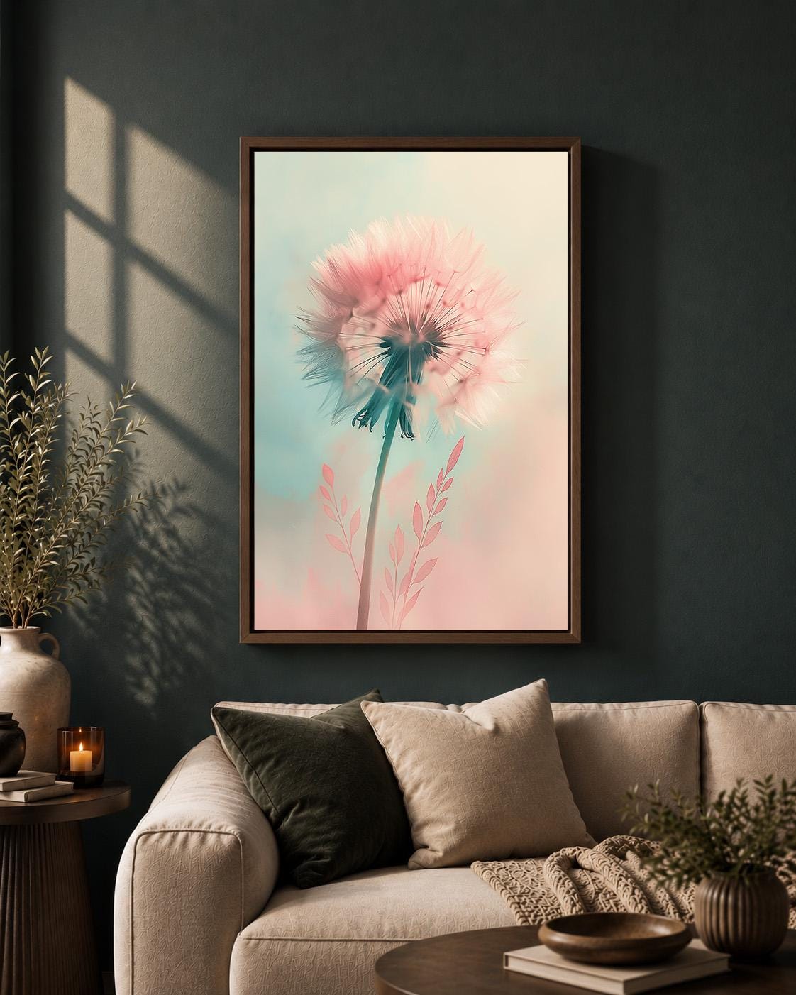 Pastel Dandelion Framed Canvas Art, Soft Pink Botanical Print, Dreamy Floral Decor by The Wall Art Studio - physical