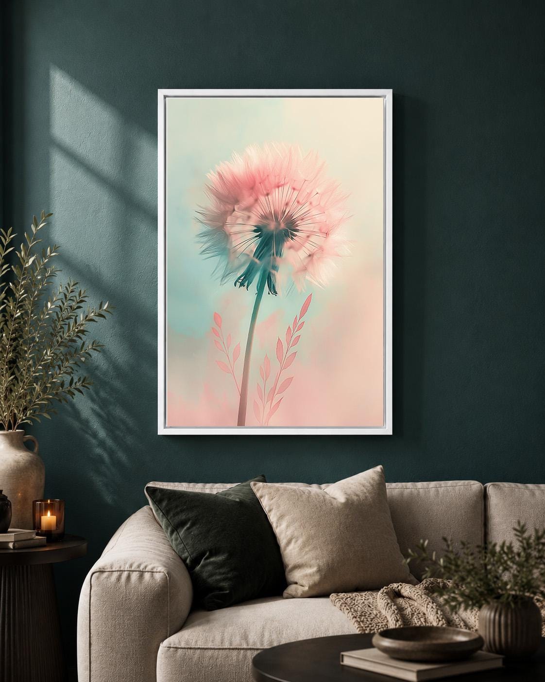 Pastel Dandelion Framed Canvas Art, Soft Pink Botanical Print, Dreamy Floral Decor by The Wall Art Studio - physical