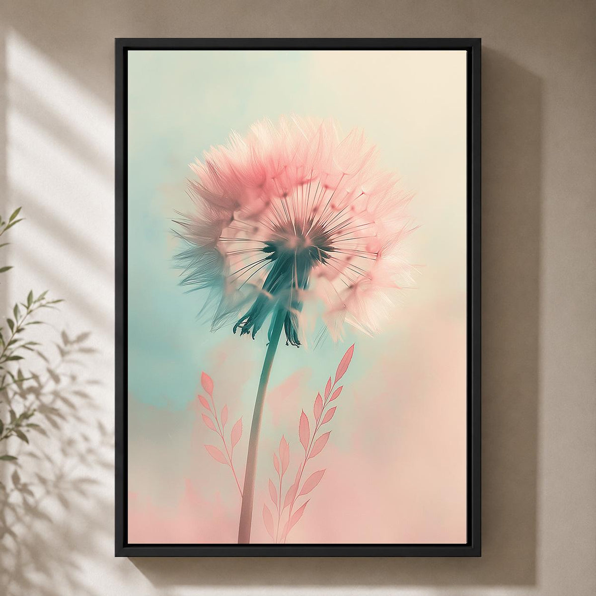 Pastel Dandelion Framed Canvas Art, Soft Pink Botanical Print, Dreamy Floral Decor by The Wall Art Studio - physical