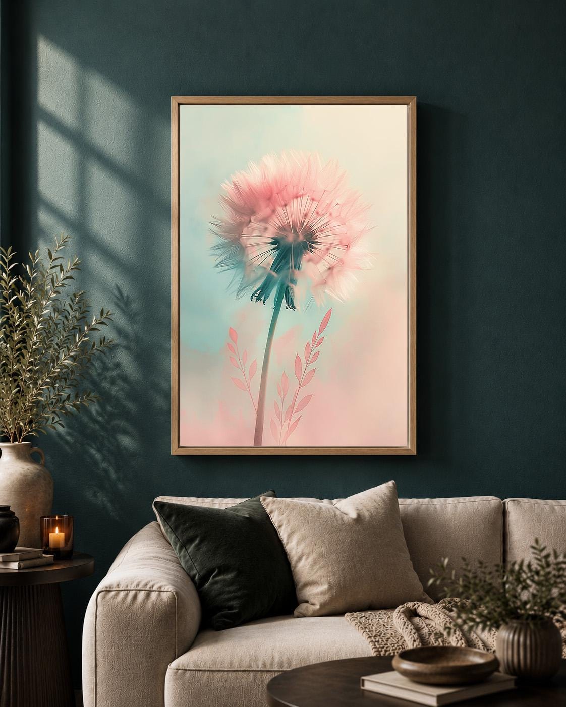 Pastel Dandelion Framed Canvas Art, Soft Pink Botanical Print, Dreamy Floral Decor by The Wall Art Studio - physical