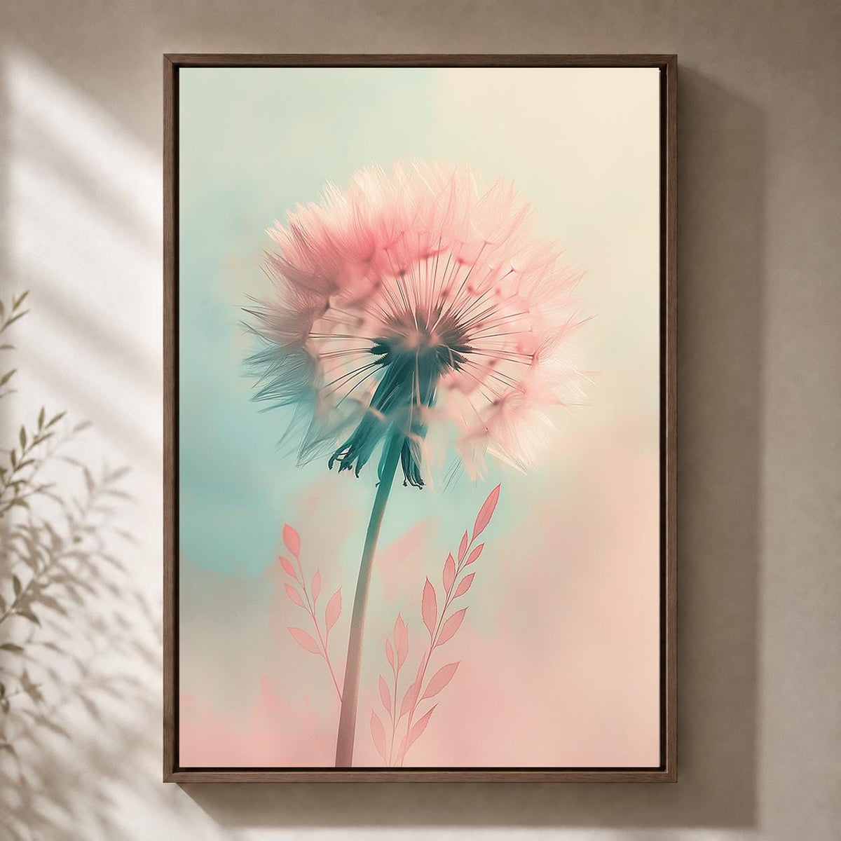 Pastel Dandelion Framed Canvas Art, Soft Pink Botanical Print, Dreamy Floral Decor by The Wall Art Studio - physical