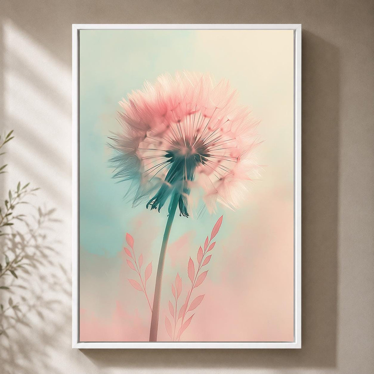 Pastel Dandelion Framed Canvas Art, Soft Pink Botanical Print, Dreamy Floral Decor by The Wall Art Studio - physical