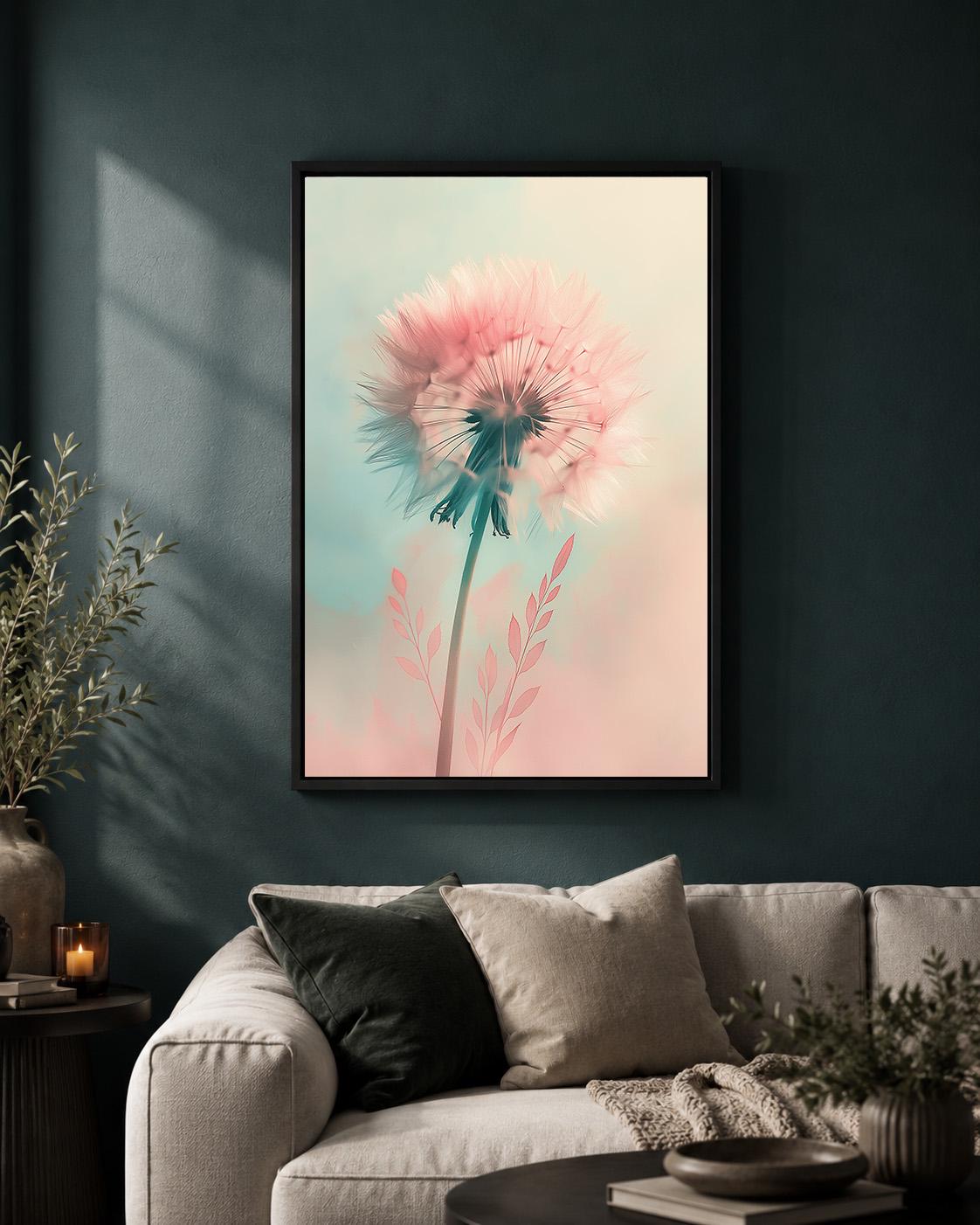 Pastel Dandelion Framed Canvas Art, Soft Pink Botanical Print, Dreamy Floral Decor by The Wall Art Studio - physical