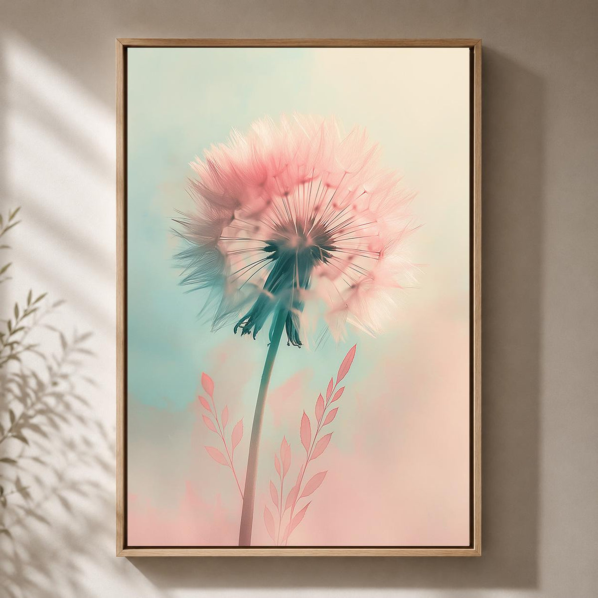 Pastel Dandelion Framed Canvas Art, Soft Pink Botanical Print, Dreamy Floral Decor by The Wall Art Studio - physical