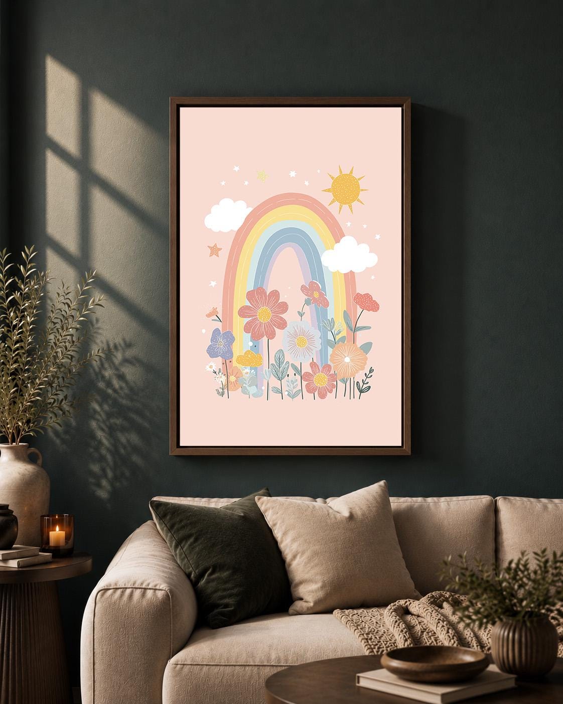 Pastel Rainbow Floral Framed Canvas Art, Boho Nursery Wall Decor, Girls Bedroom Print by The Wall Art Studio - physical