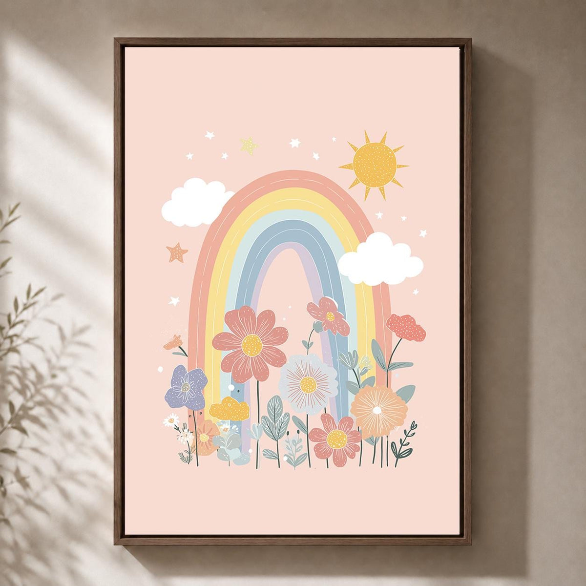 Pastel Rainbow Floral Framed Canvas Art, Boho Nursery Wall Decor, Girls Bedroom Print by The Wall Art Studio - physical