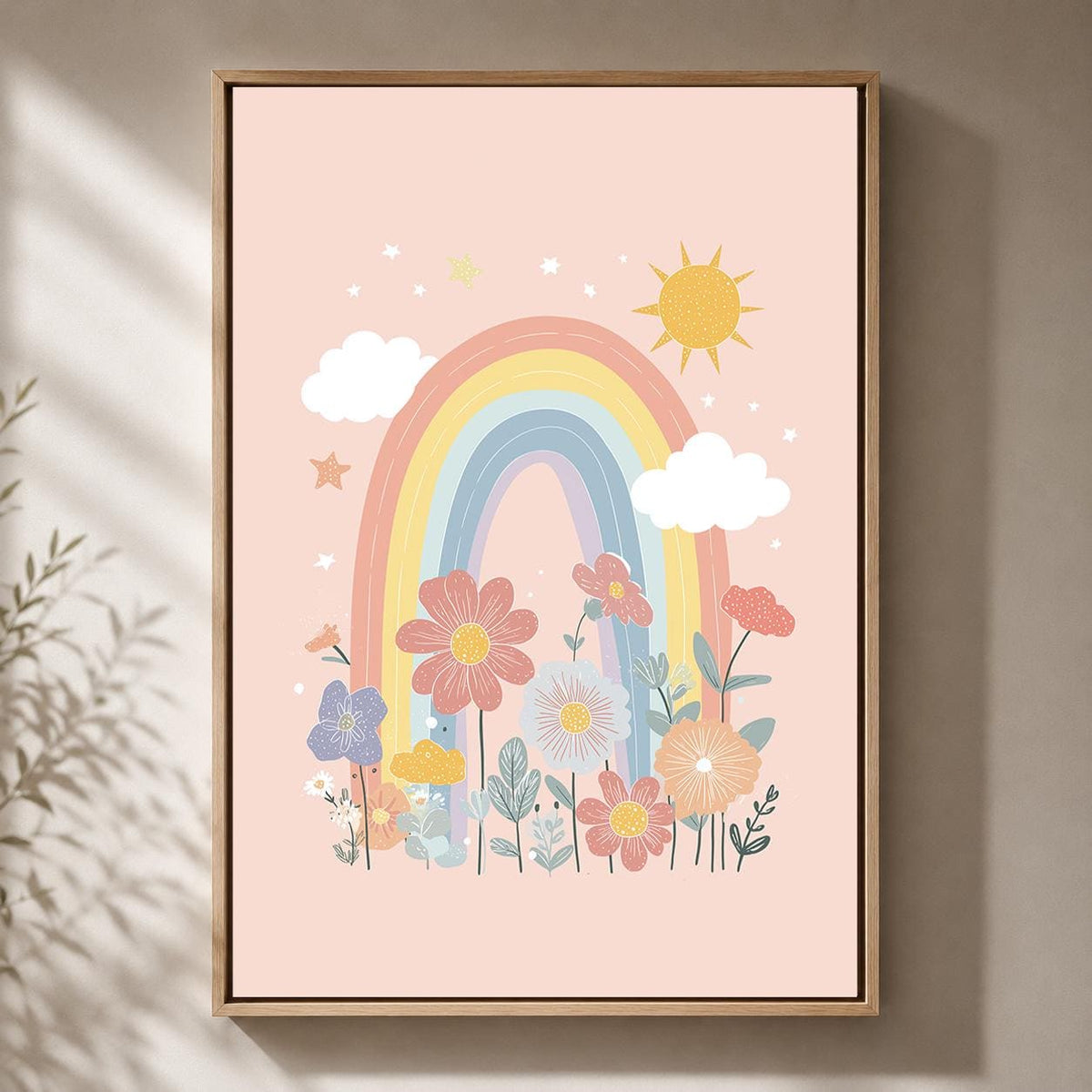 Pastel Rainbow Floral Framed Canvas Art, Boho Nursery Wall Decor, Girls Bedroom Print by The Wall Art Studio - physical