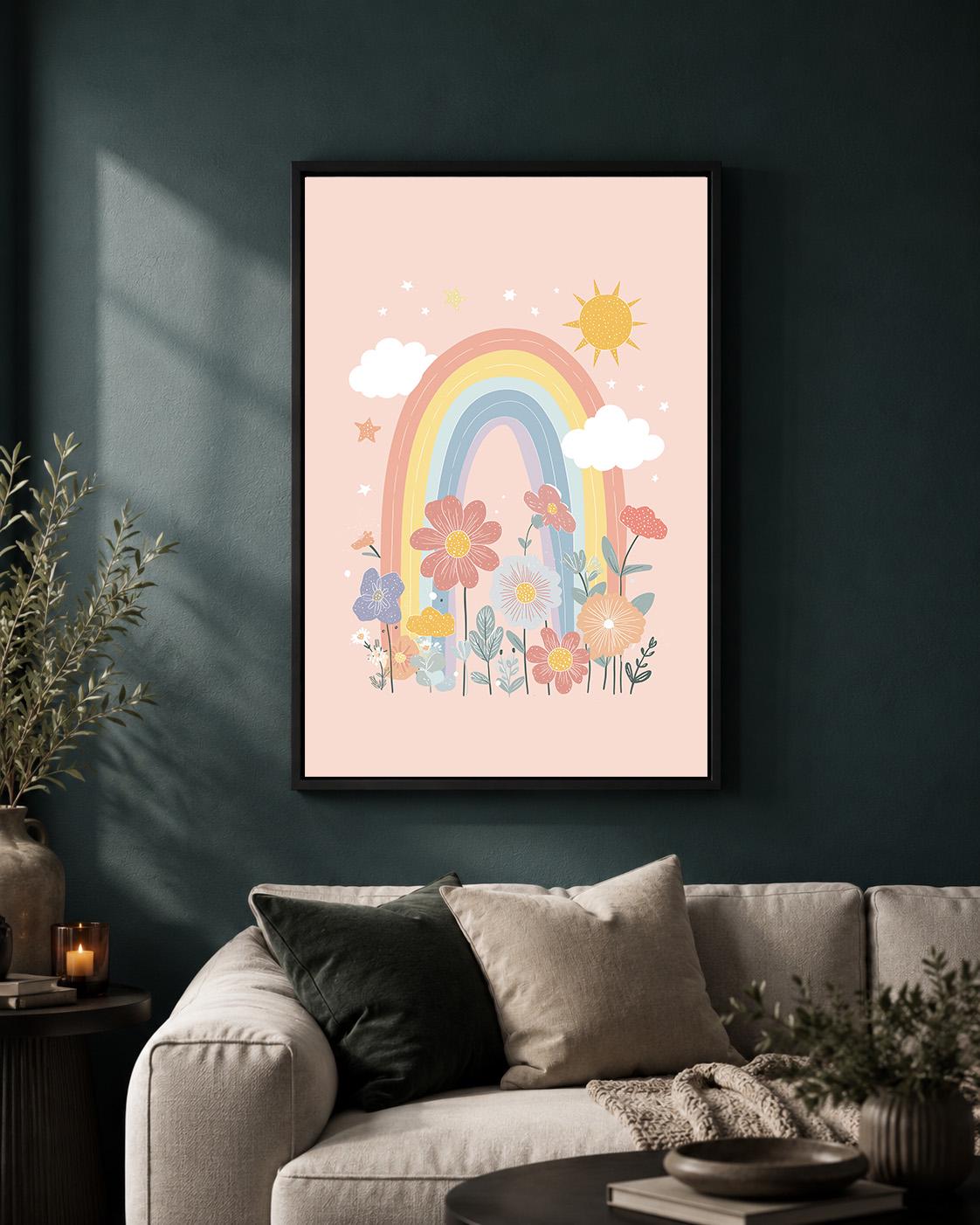 Pastel Rainbow Floral Framed Canvas Art, Boho Nursery Wall Decor, Girls Bedroom Print by The Wall Art Studio - physical