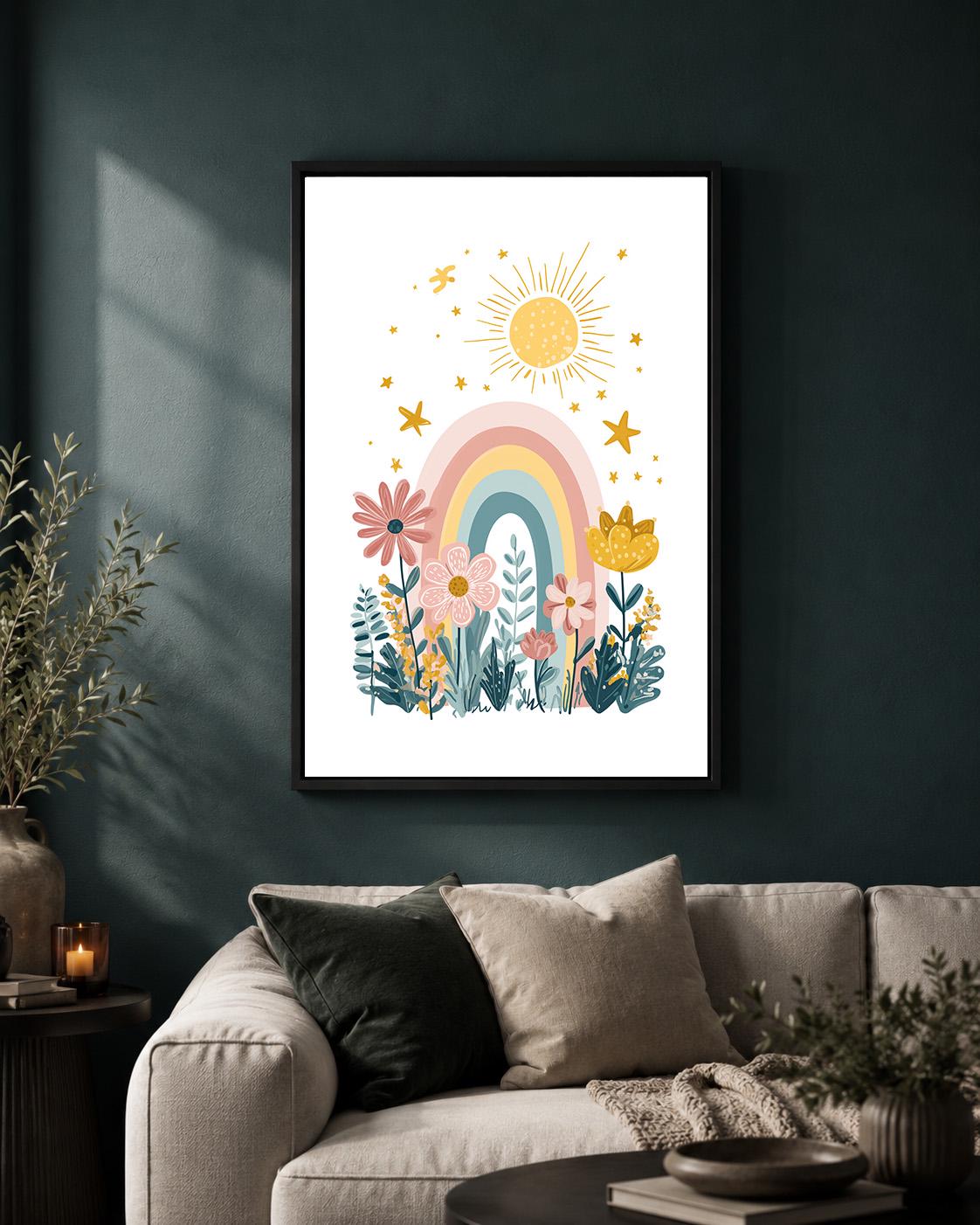 Pastel Rainbow Floral Framed Canvas Art, Boho Nursery Wall Decor, Girls Bedroom Print by The Wall Art Studio - physical