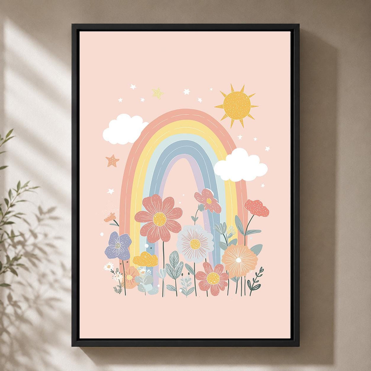 Pastel Rainbow Floral Framed Canvas Art, Boho Nursery Wall Decor, Girls Bedroom Print by The Wall Art Studio - physical