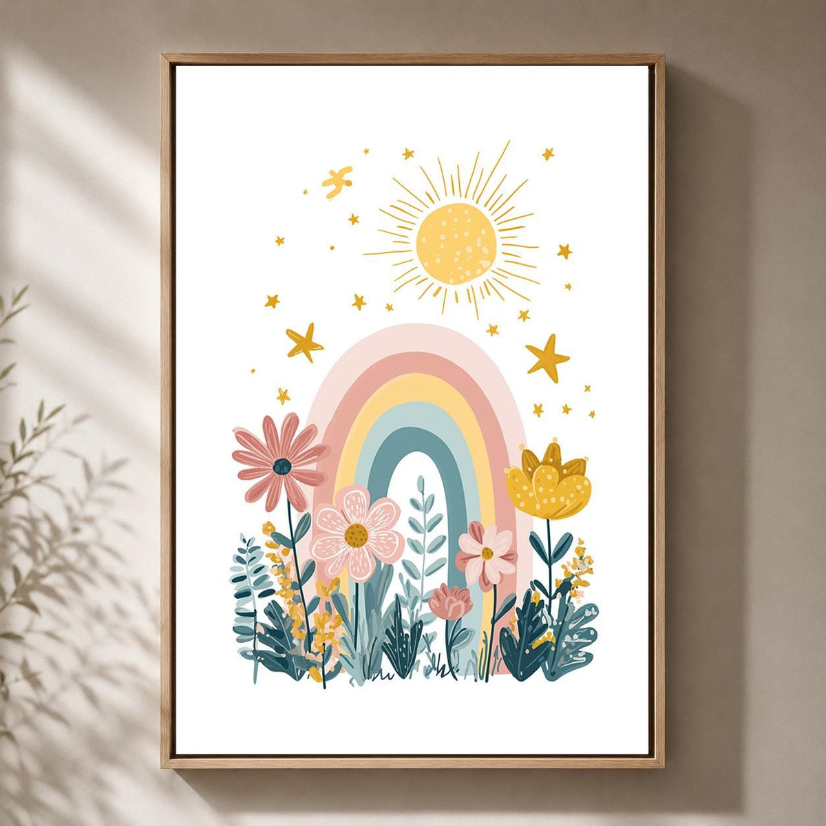 Pastel Rainbow Floral Framed Canvas Art, Boho Nursery Wall Decor, Girls Bedroom Print by The Wall Art Studio - physical