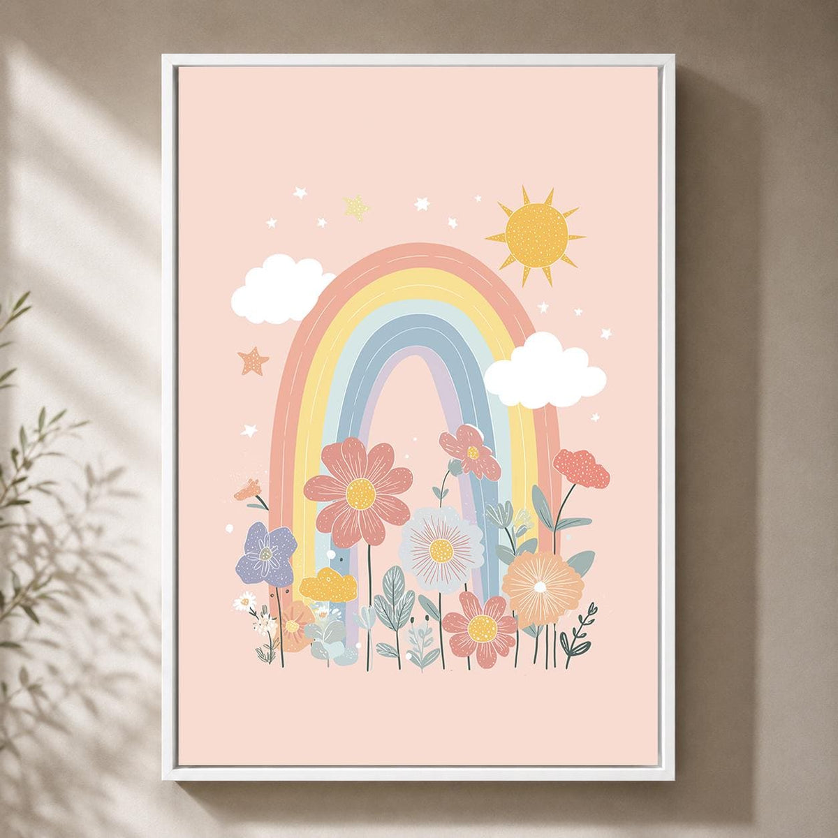Pastel Rainbow Floral Framed Canvas Art, Boho Nursery Wall Decor, Girls Bedroom Print by The Wall Art Studio - physical