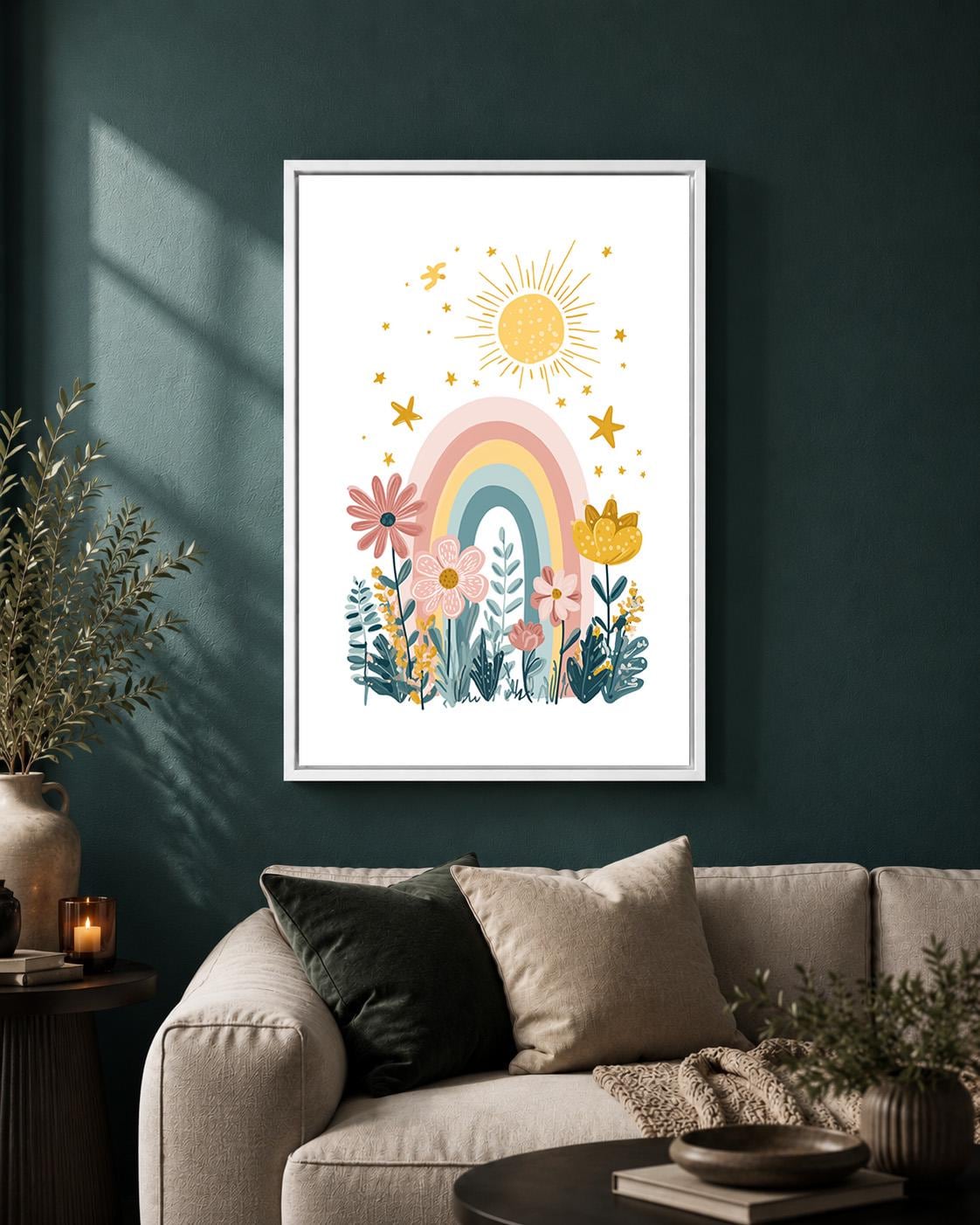 Pastel Rainbow Floral Framed Canvas Art, Boho Nursery Wall Decor, Girls Bedroom Print by The Wall Art Studio - physical