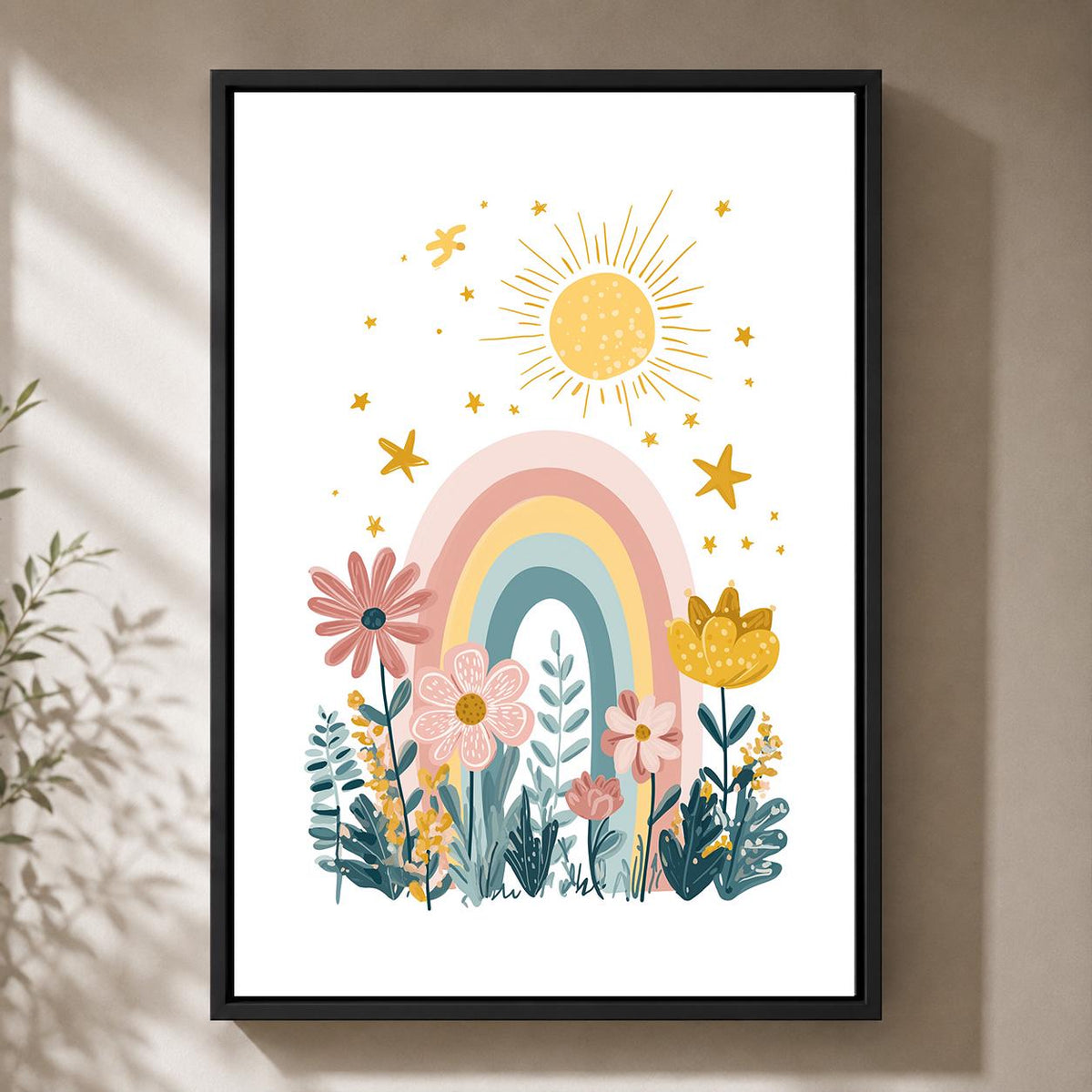 Pastel Rainbow Floral Framed Canvas Art, Boho Nursery Wall Decor, Girls Bedroom Print by The Wall Art Studio - physical