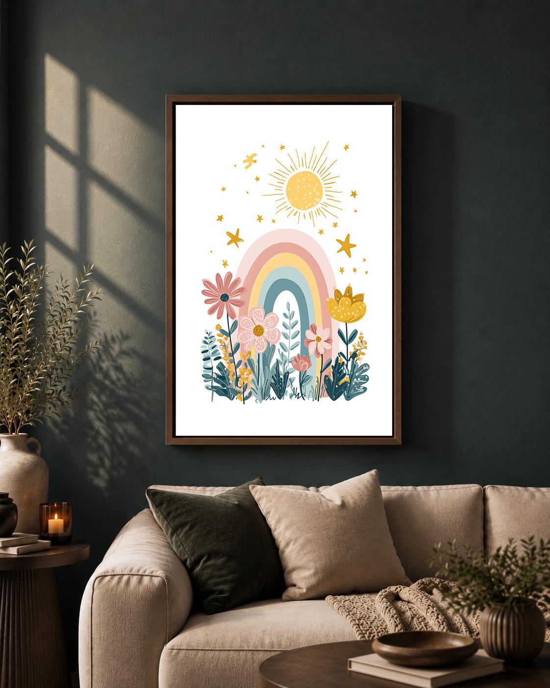 Pastel Rainbow Floral Framed Canvas Art, Boho Nursery Wall Decor, Girls Bedroom Print by The Wall Art Studio - physical