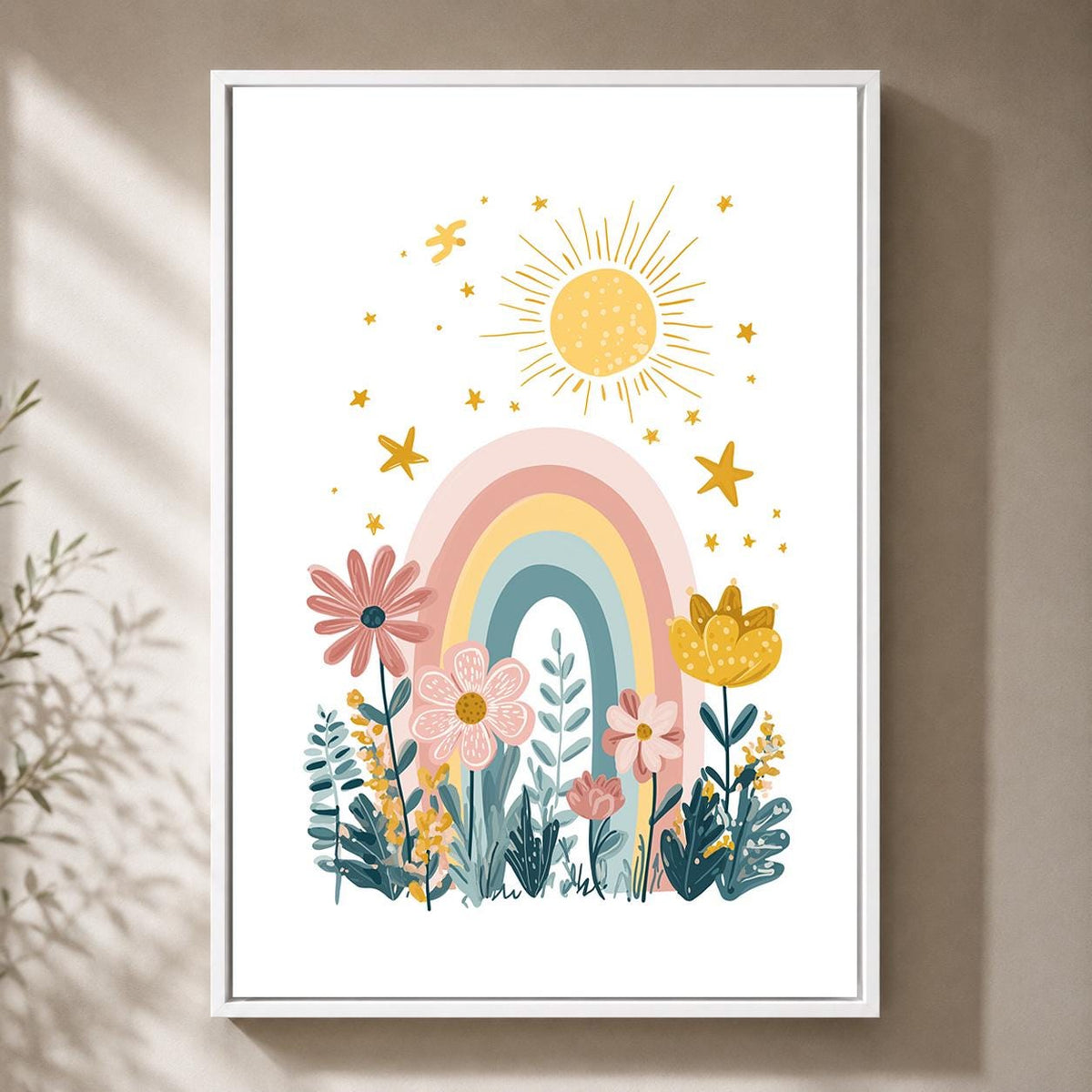 Pastel Rainbow Floral Framed Canvas Art, Boho Nursery Wall Decor, Girls Bedroom Print by The Wall Art Studio - physical