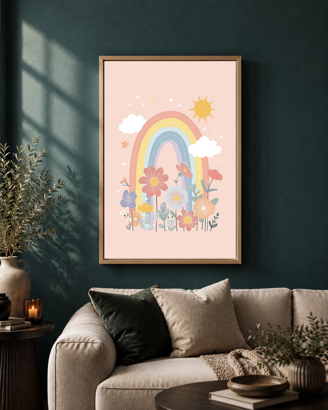 Pastel Rainbow Floral Framed Canvas Art, Boho Nursery Wall Decor, Girls Bedroom Print by The Wall Art Studio - physical