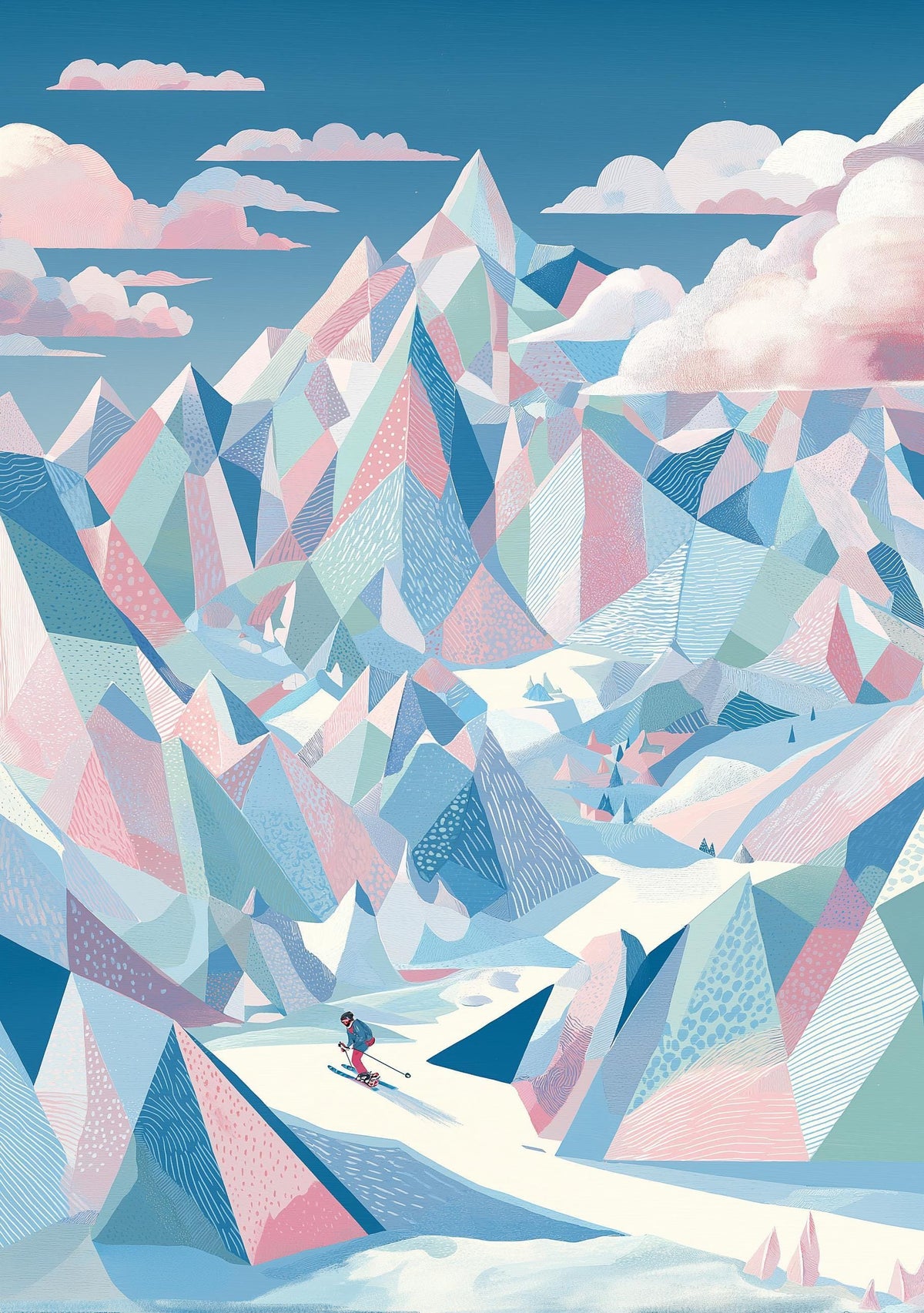 Pastel Ski Mountain Wall Art, Abstract Alpine Landscape Print, Modern Winter Sports Decor, Snowy Peak Artwork (Framed Opti...