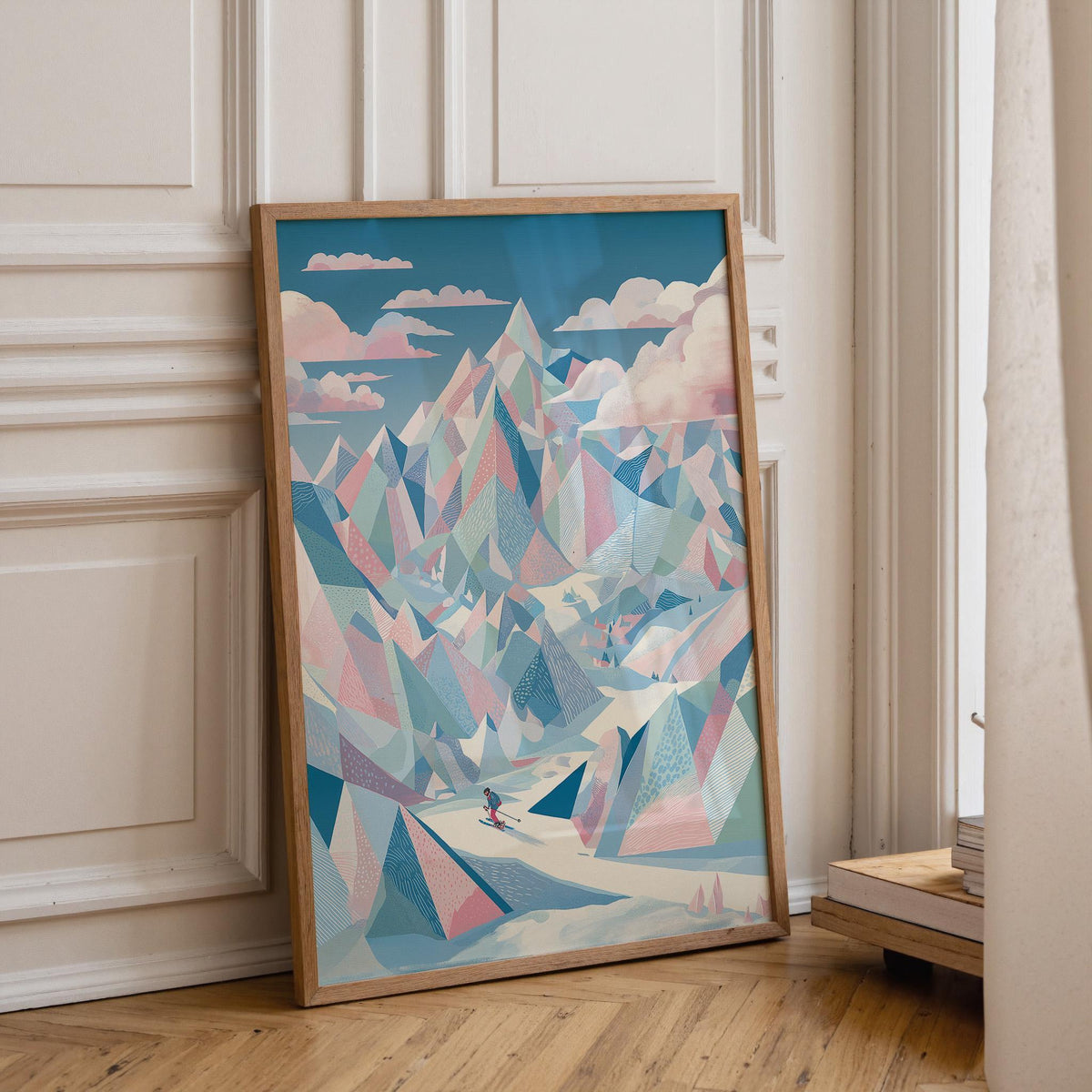 Pastel Ski Mountain Wall Art, Abstract Alpine Landscape Print, Modern Winter Sports Decor, Snowy Peak Artwork (Framed Opti...