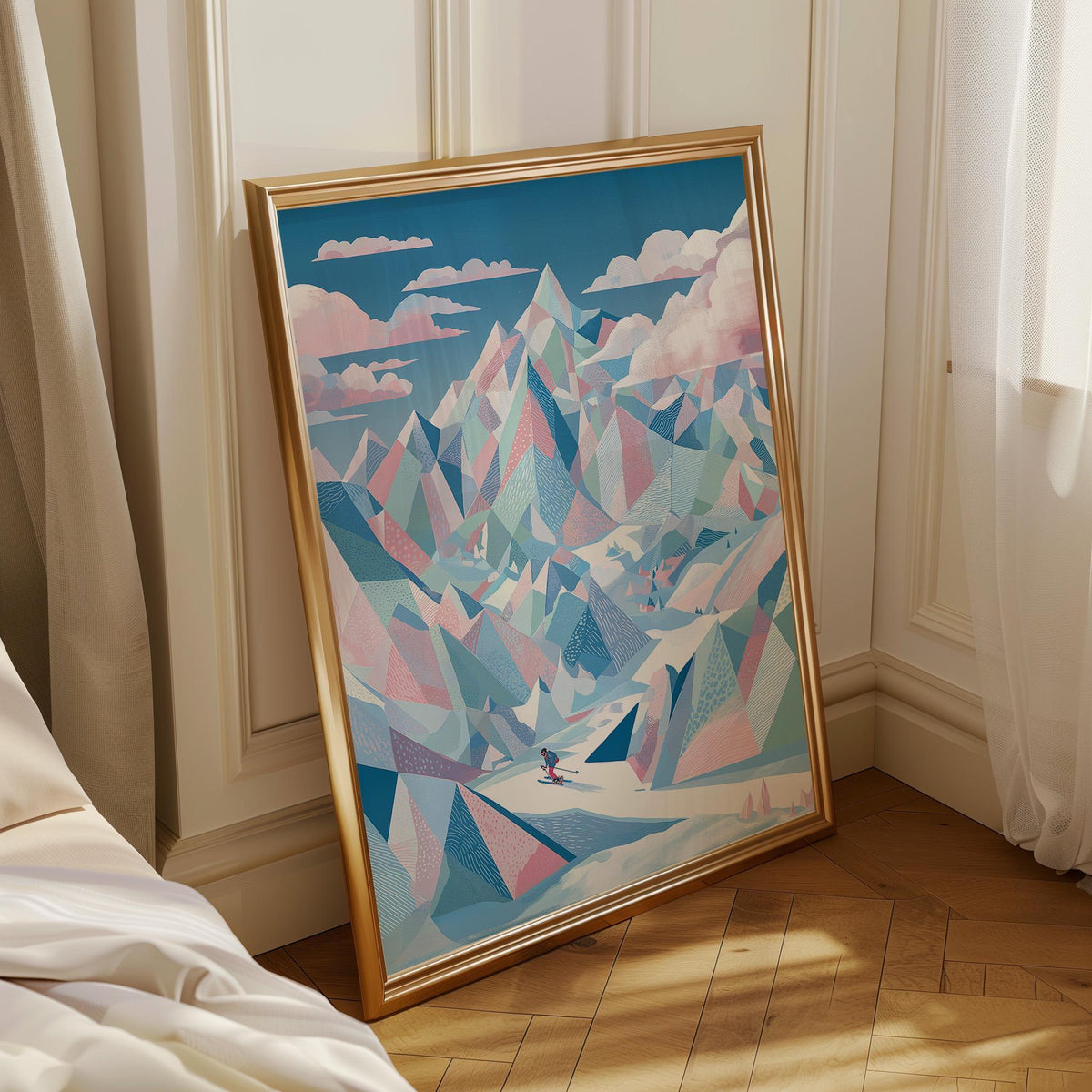 Pastel Ski Mountain Wall Art, Abstract Alpine Landscape Print, Modern Winter Sports Decor, Snowy Peak Artwork (Framed Opti...