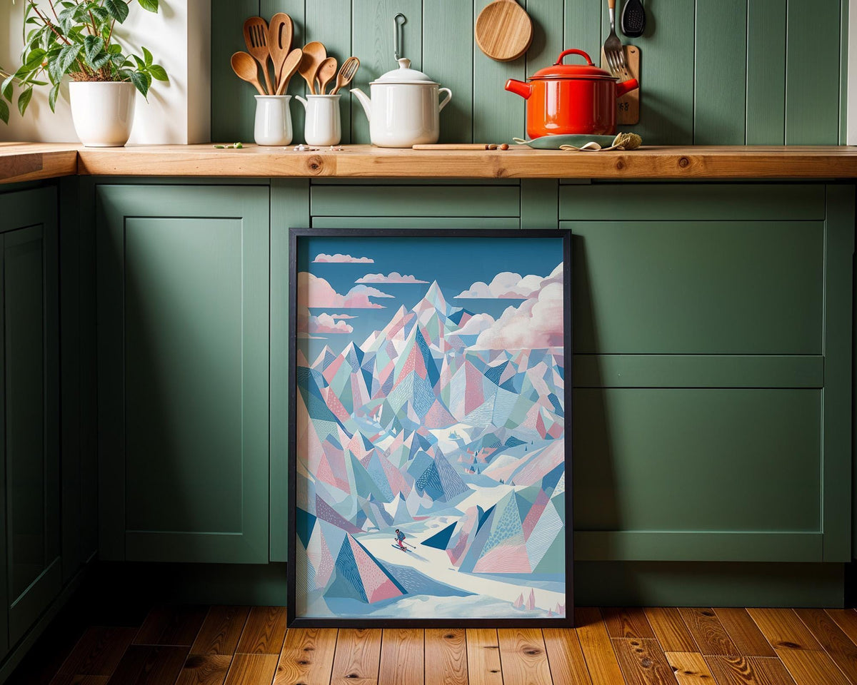 Pastel Ski Mountain Wall Art, Abstract Alpine Landscape Print, Modern Winter Sports Decor, Snowy Peak Artwork (Framed Opti...