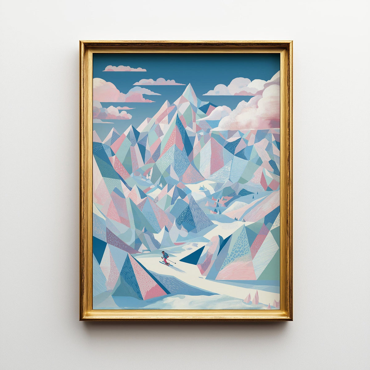 Pastel Ski Mountain Wall Art, Abstract Alpine Landscape Print, Modern Winter Sports Decor, Snowy Peak Artwork (Framed Opti...