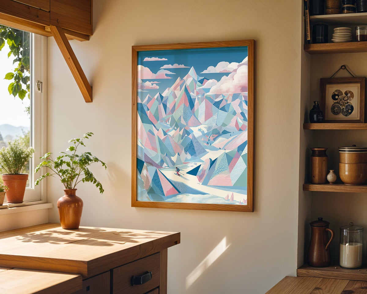 Pastel Ski Mountain Wall Art, Abstract Alpine Landscape Print, Modern Winter Sports Decor, Snowy Peak Artwork (Framed Opti...